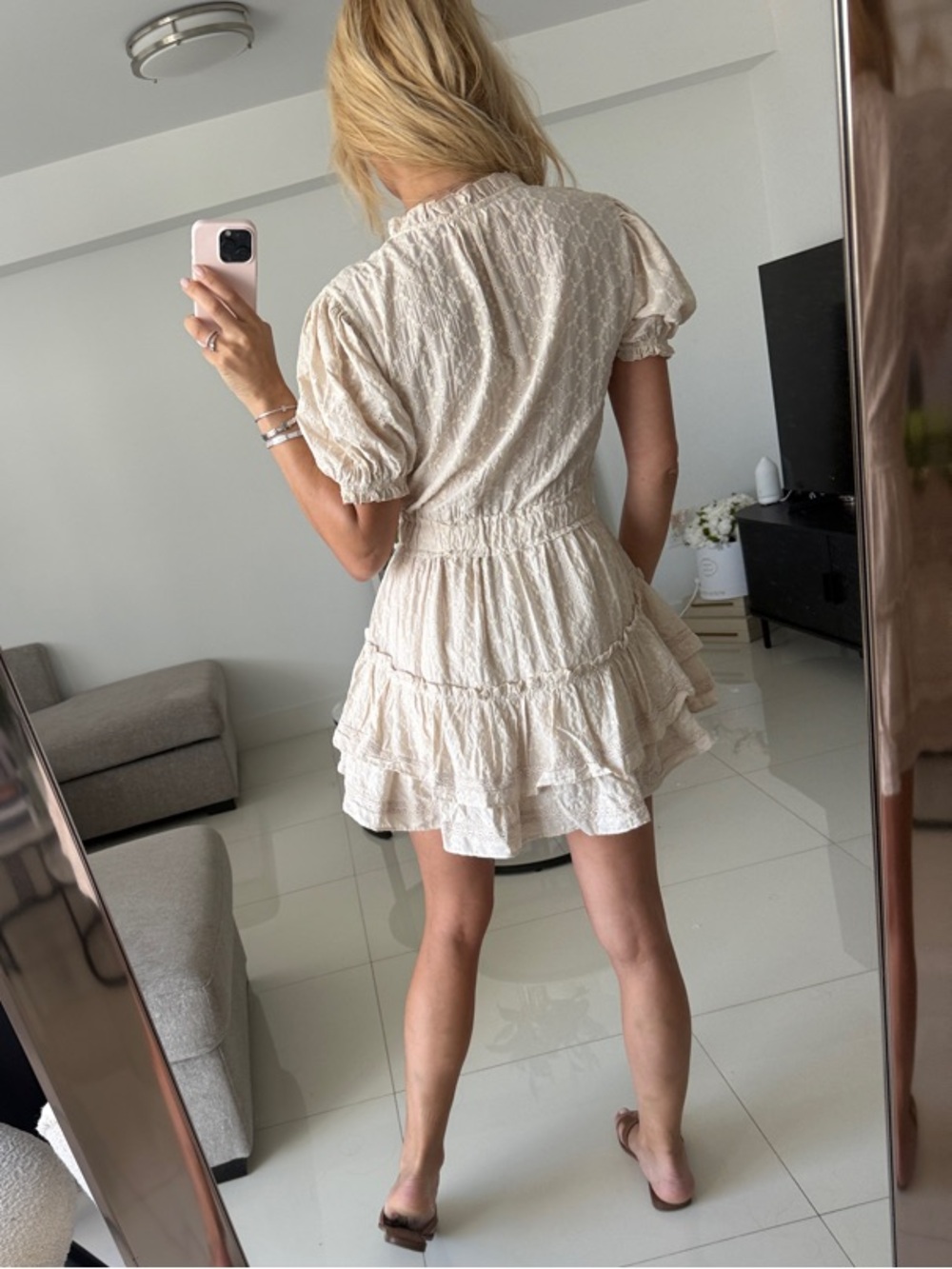 Textured Cream Mini Dress with Ruffle Hem - Picture 3 of 5